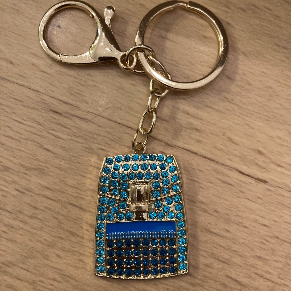 Rhinestone “Backpack” Bag Charm Key Ring -  Gold and Blue - NIP